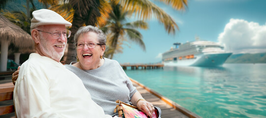 Senior Adult Couple Enjoying The View From The Dock with Passenger Cruise Ship In The Background.