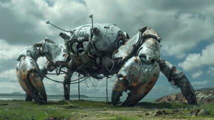 Fototapeta premium Futuristic robot crab with beach background.