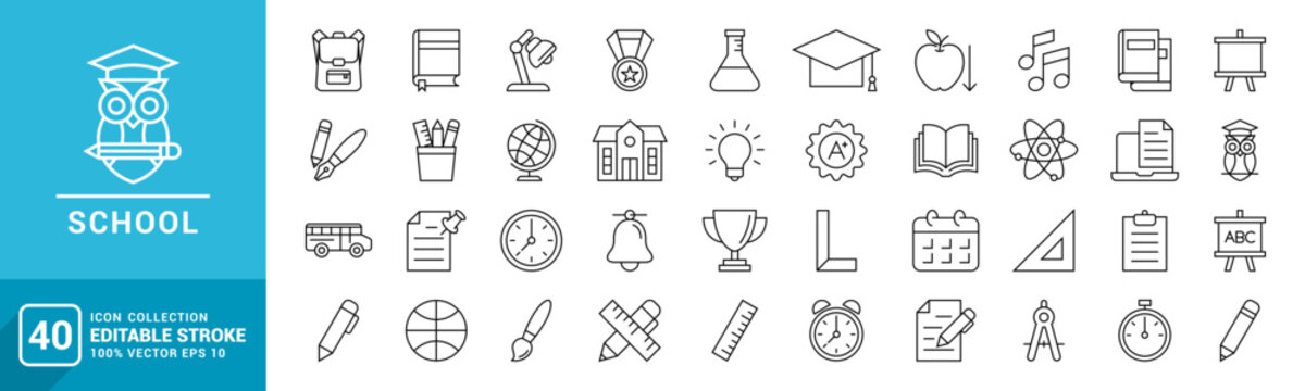 Vector collection of school icons.
Study, student, ranking, school tools.
Template editable stroke EPS 10