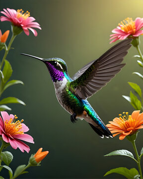Retrato de un colibr&iacute; volando entre flores
