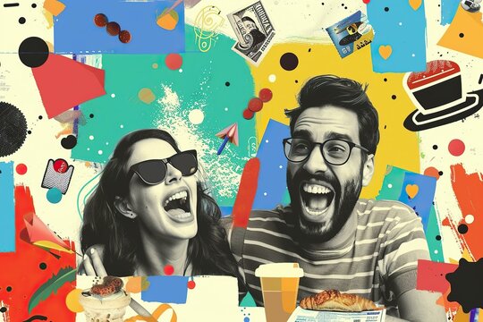 collage picture of mature couple dating care tasty sweet food delicious pastry unusual fantasy billboard comics - Powered by Adobe