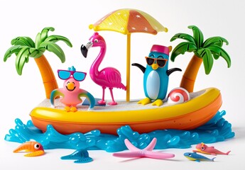 Colorful Beach-Themed Toy Set with Cartoon Animals and Umbrella