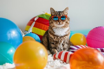 Cat with Sunglasses and Surrounded by Colorful Balloons