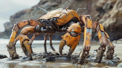 Fototapeta premium Futuristic robot crab with beach background.