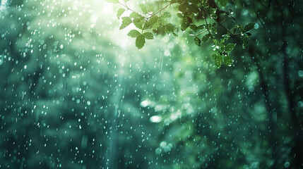 After Rain Glow in the Forest, Rain dripping from the trees Close-Up in soft lighting with blurred green background