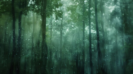 Rainy Forest Greenery,, Blurred backdrop with soft lighting and raindrops