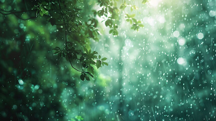 Rainy Forest: Serene Blurred Background in green tones