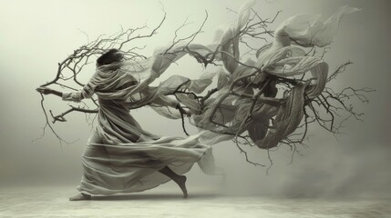 Woman in A Dress Surrounded by Branches in a Misty Atmosphere
