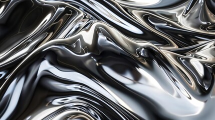 An abstract composition of molten silver flowing gracefully, capturing its metallic sheen and fluid dynamics against a dark backdrop, Close up