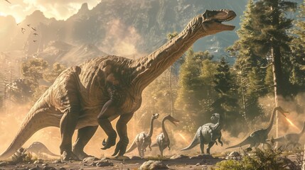 An actionpacked depiction of a Brachiosaurus being chased by a pack of smaller predatory dinosaurs, showcasing its size and strength in defense, Close up