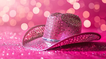 Sparkling pink cowboy hat on bokeh background