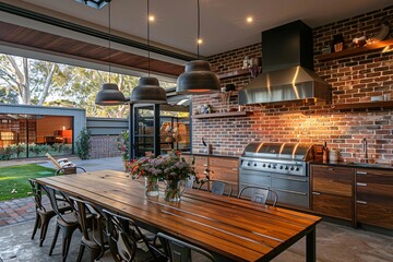 Contemporary Kitchen Interior with Exposed Brick and Wooden Table