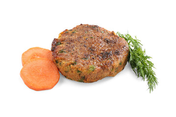 Tasty vegetarian cutlet, cut carrot and dill isolated on white