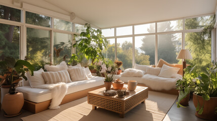 Cozy Sunroom with White Furniture and Greenery