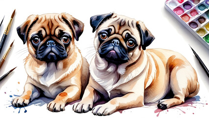 Two pug puppies resting side by side. AI created.