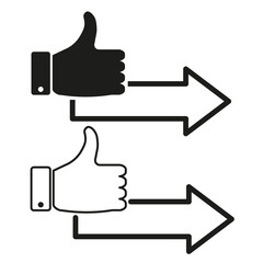 Thumbs up direction arrows. Positive feedback pointers. Vector approval symbols.