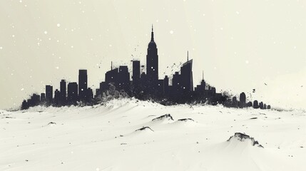 Fototapeta premium Monochrome Silhouette of a Snow-Covered City Skyline at Dusk, Featuring Iconic Skyscrapers and Stark Contrast Between Urban and Natural Elements