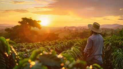 Fototapeta premium Farmer working on coffee field at sunset outdoor