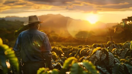 Farmer working on coffee field at sunset outdoor