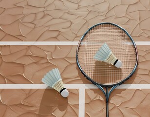 Top view of badminton sports equipment, racket and shuttlecock on peach fuzz color court. Sports concept. 3d illustration, rendering.