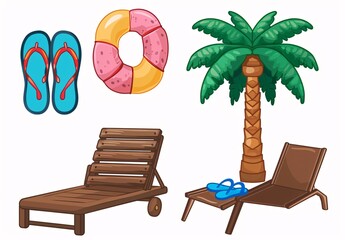 Summer Vacation Pack: Lounge Chair, Beach Towel, Flip-Flops, Life Ring, and Palm Tree