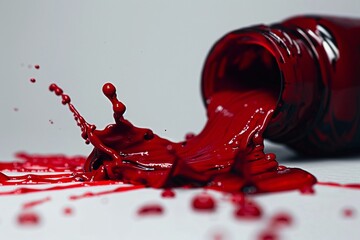 Ink Splatter: Bottle of Red Ink on a White Surface