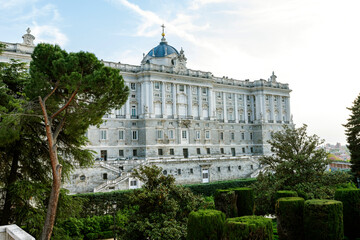 facade of Royal Palace of Madrid and Sabatini gardens, Spain