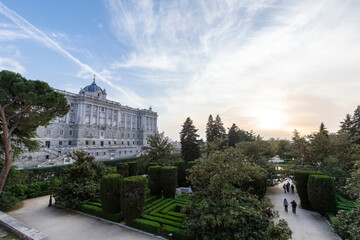 facade of Royal Palace of Madrid and Sabatini gardens, Spain