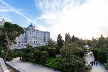 facade of Royal Palace of Madrid and Sabatini gardens, Spain