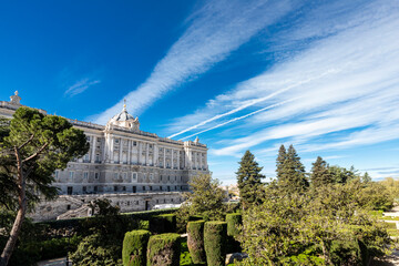 facade of Royal Palace of Madrid and Sabatini gardens, Spain