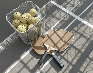 Two Pickleball paddles and basket of balls on court under the shadow of the grid. Top view. 3d illustration, render.