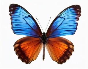 Very beautiful blue orange butterfly with spread wings isolated on a white background.
