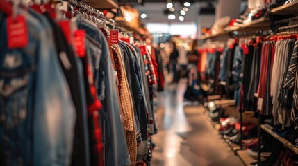 Obraz premium Fashion Retail Store Interior with Clothing Racks and Shoppers