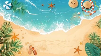 Beach elements and a bird's-eye view of the sea in a banner.
