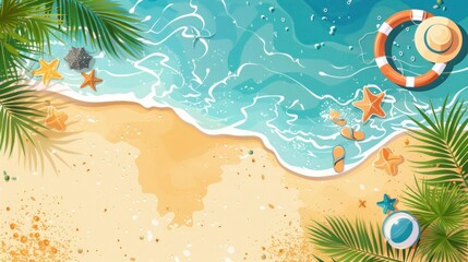 A banner with beach elements and a view of the sea from above.