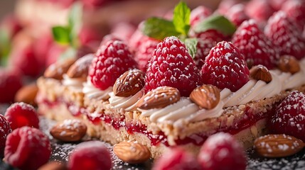 Raspberry almond torte, fresh foods in minimal style