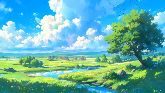 Summer landscape of a meadow with grass, trees, blue sky, and clouds, with lofi chill vibes for background music. Looping time-lapse video.