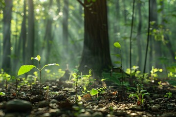 Tranquil Forest Scene with Sunlight Filtering Through the Canopy