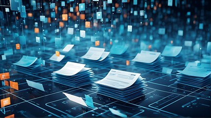  Abstract network grid with files and folders, futuristic software interface, digital document management system, store, search and organize documents, corporate business, paperless office, 