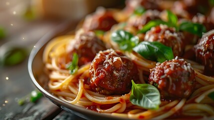 Spaghetti and meatballs with marinara sauce, fresh foods in minimal style