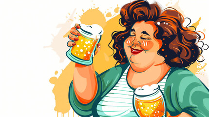 Fat woman happy with beverage glass in hands on white background, AI generative