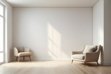 Fototapeta premium Modern interior design with white empty mock-up wall and beige armchair 3D Rendering, 3D Illustration