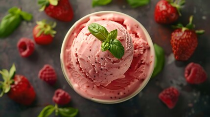 Strawberry basil ice cream, fresh foods in minimal style