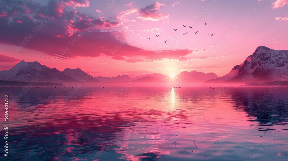 Poster Majestic sunset over tranquil mountain lake