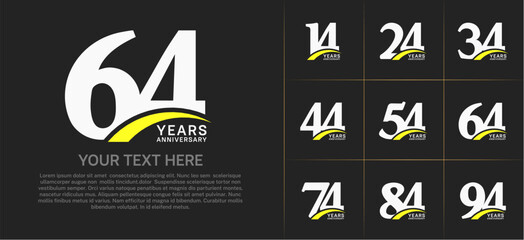 Set of Anniversary Logotype with yellow swoosh, white color can be use for special day celebration