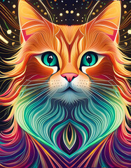 Art of beautiful colored cat's face on black background, AI generative