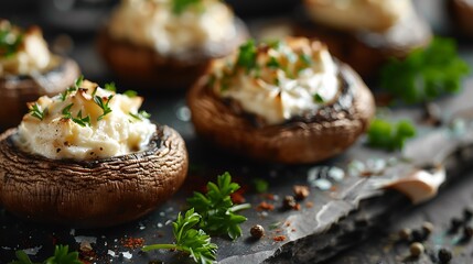 Stuffed mushrooms with cream cheese and herbs, fresh foods in minimal style