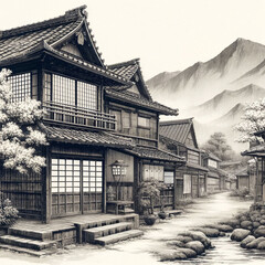 A Painting of Traditional Japanese Streets, mountain