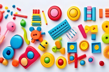  baby kids colorful educational and musical toys on white background top view flat lay frame