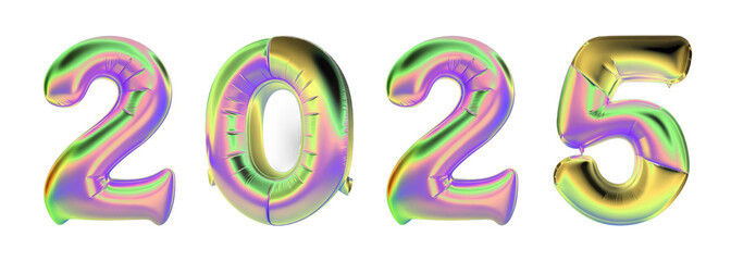 3d number 2025 in the form of  iridescent holographic birthday balloons isolated